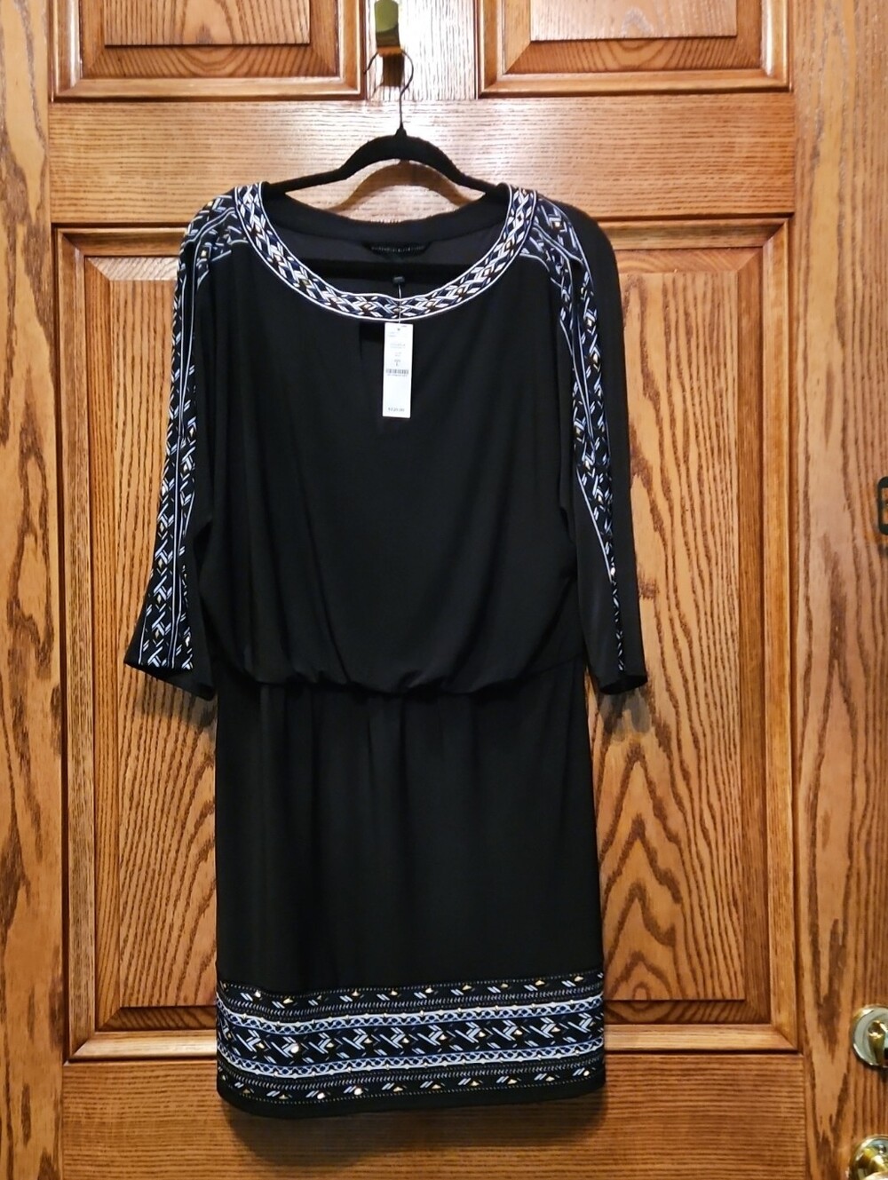 White House Black Market Black Midi Dress with Geometric Trim